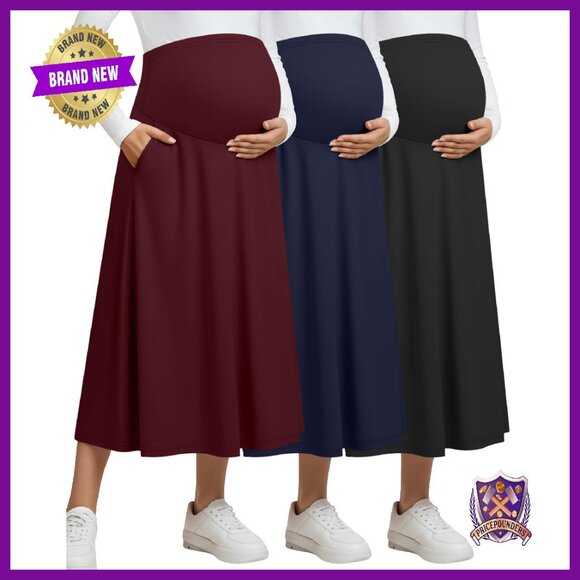 3 Pack Maternity Maxi Skirts Pockets Over Belly High Waisted A-Line